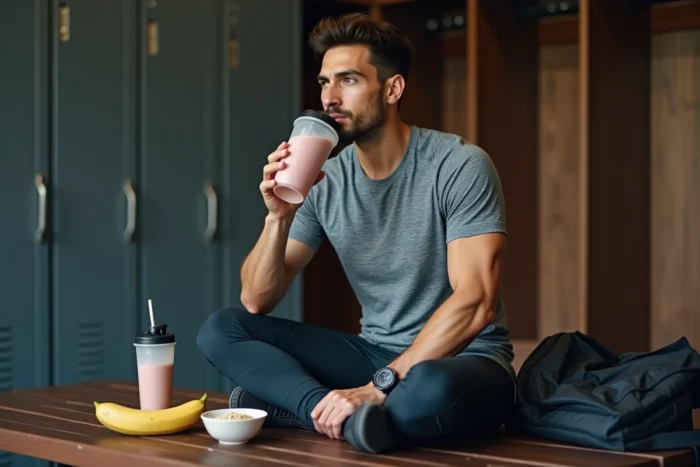 Coureur d'endurance en récupération consommant un smoothie protéiné et des aliments riches en nutriments dans un vestiaire sportif