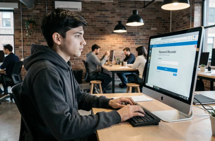 Jeune adulte en espace de coworking saisissant ses informations sur un formulaire de récupération de mot de passe