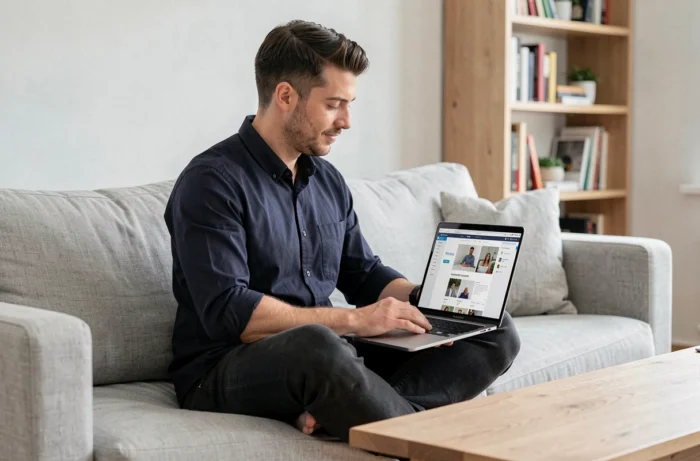 Homme détendu travaillant sur la création de son site web depuis son canapé avec un ordinateur portable