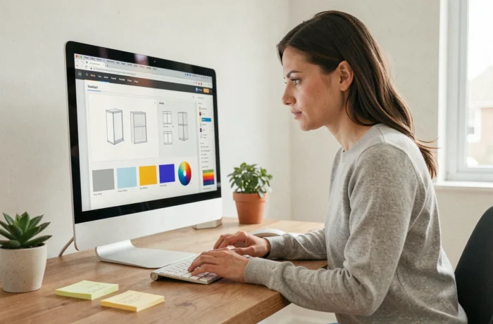 Femme concentrée en train de créer un site web professionnel sur un grand écran dans un bureau moderne et épuré