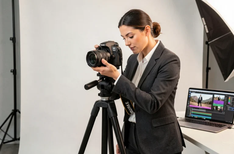 Femme professionnelle réglant une caméra sur trépied dans un studio de tournage vidéo moderne