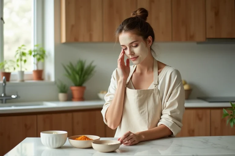 Femme appliquant un masque visage naturel fait maison à base de miel et d'avoine dans une cuisine moderne avec des ingrédients naturels disposés sur un plan de travail en marbre