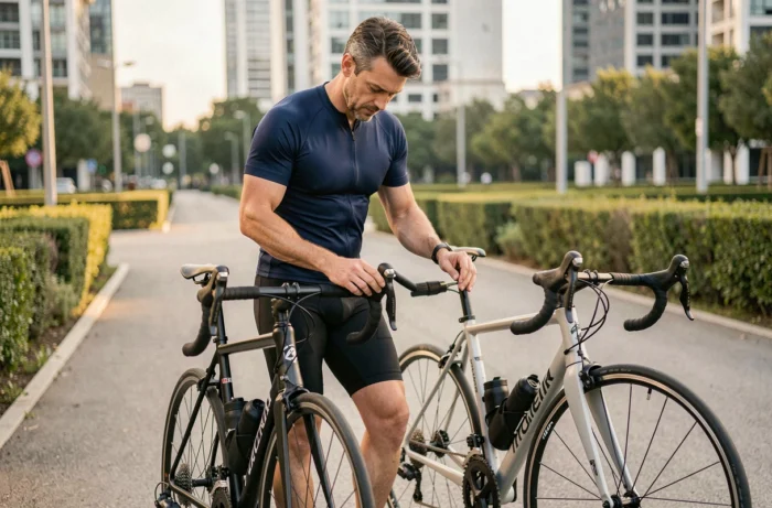 Cycliste comparant deux vélos de route en milieu urbain sur une piste cyclable moderne