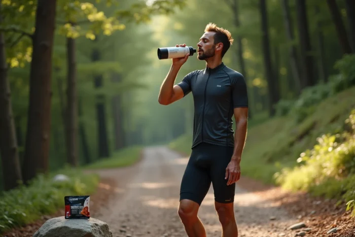 Cycliste en trail s'hydratant et consommant des gels énergétiques pendant un effort d'endurance en forêt