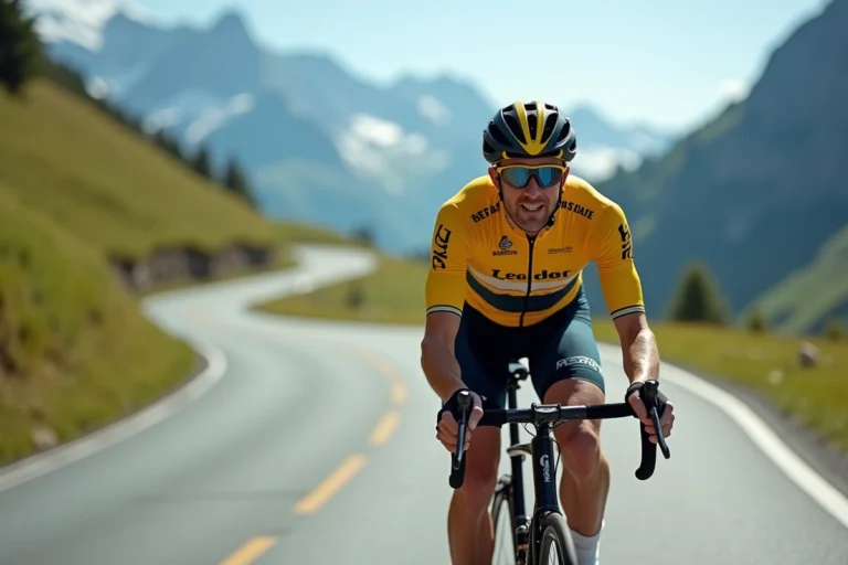 Cycliste professionnel portant le maillot jaune lors d'une ascension de col alpestre lors d'un grand tour cycliste