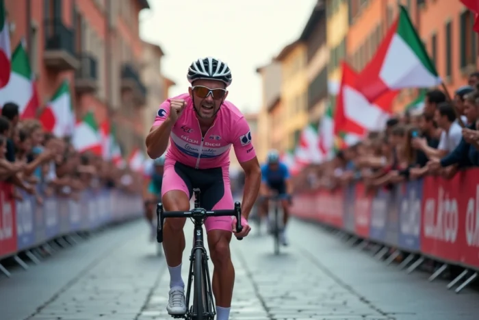 Cycliste vainqueur franchissant la ligne d'arrivée en maillot rose sur une place pavée italienne lors du Giro d'Italia