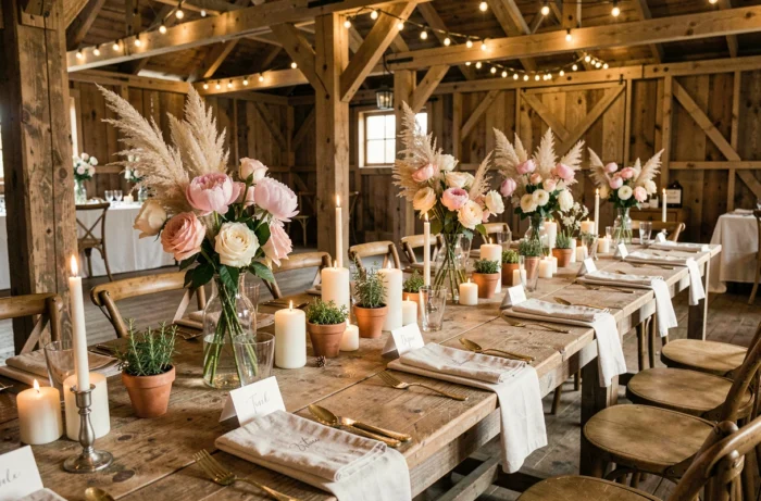 Table de mariage décorée avec des fleurs, des bougies et une vaisselle élégante dans une grange rustique