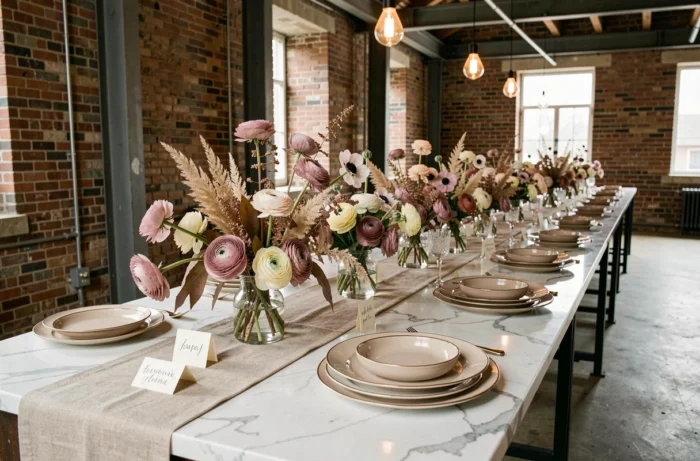 Table de réception de mariage élégamment décorée avec des fleurs séchées et de la vaisselle en céramique mate dans un loft industriel, nouvelles tendances décoration mariage