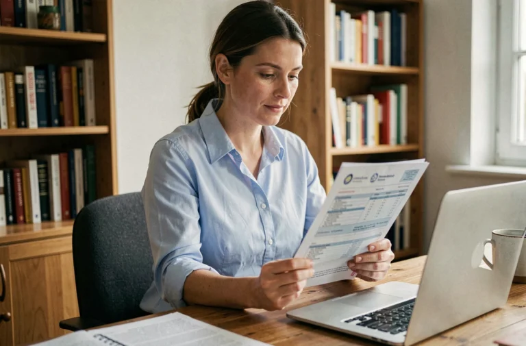 Femme consultant des documents administratifs liés à l'immatriculation d'un véhicule à son bureau