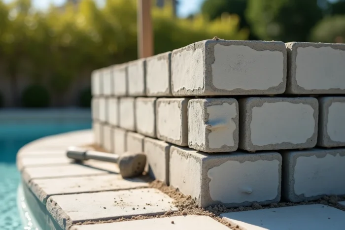 Détail des parpaings mortaisés formant le mur d'une piscine hors sol en construction, avec joints de mortier frais visibles