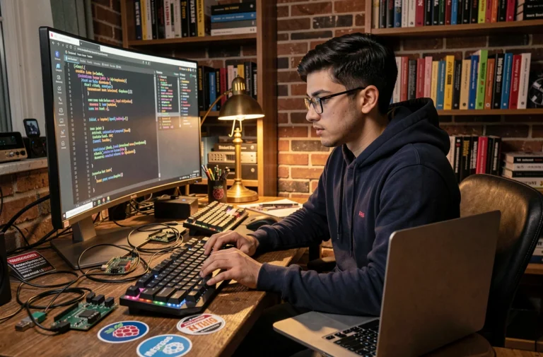 Développeur geek concentré sur son bureau encombré d'outils et gadgets tech pour le web