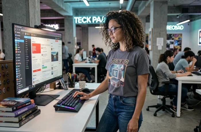 Développeuse web geek debout à son bureau dans un espace de coworking moderne avec ressources tech