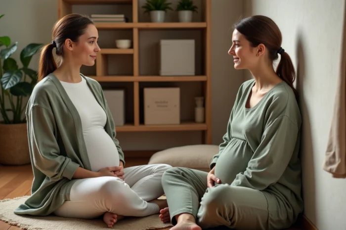 Doula en formation accompagnant une femme enceinte lors d'une séance de soutien prénatal dans un cabinet chaleureux