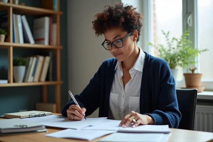 Future doula étudiant les formations et diplômes requis pour exercer en France, entourée de manuels de périnatalité