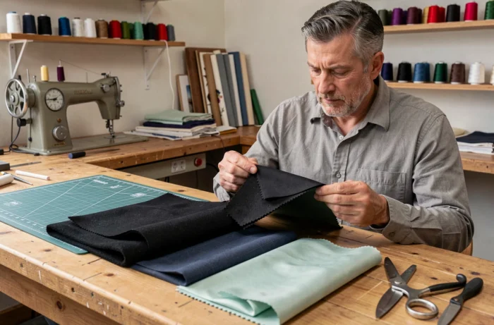 Tailleur examinant des échantillons de tissu pour confectionner une robe d'avocat dans un atelier de couture