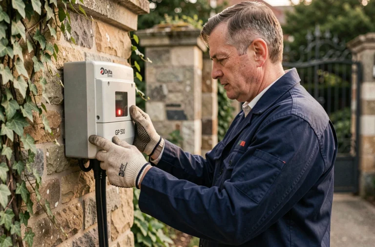 Électricien inspectant le boîtier Delta Dore GP 500 avec voyant rouge allumé sur un mur en pierre résidentiel