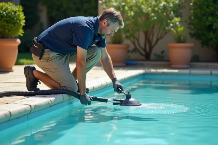 Technicien de piscine aspirant le fond d'un bassin avec un aspirateur à mailles fines pour éliminer des débris de verre