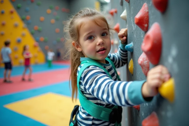 Jeune fille en baudrier escaladant un mur de bloc coloré dans une salle d'escalade pour enfants à Lille