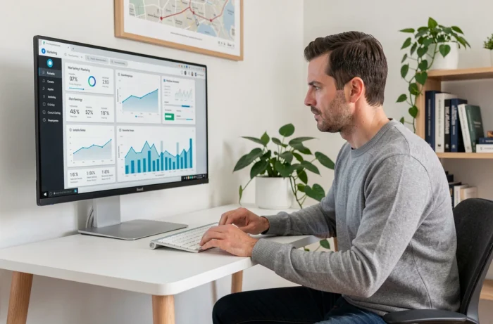 Entrepreneur concentré analysant des indicateurs de performance marketing sur un écran d'ordinateur dans un bureau à domicile minimaliste