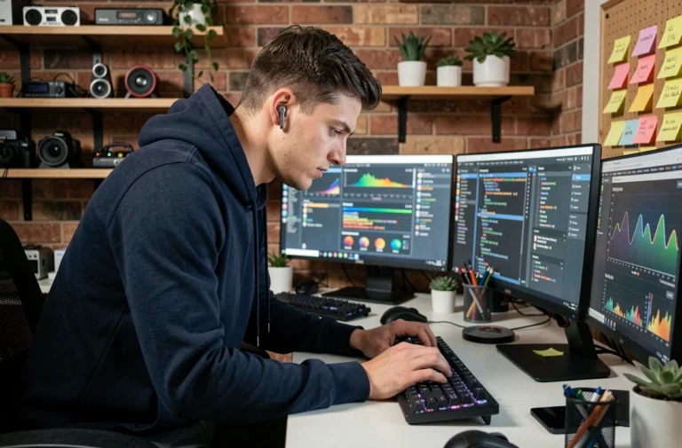 Entrepreneur geek concentré devant plusieurs écrans d'analyse de données dans un bureau moderne et personnalisé