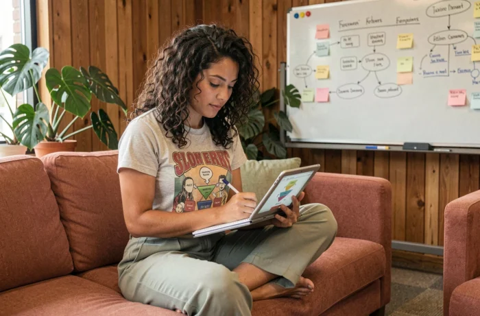 Entrepreneuse créative prenant des notes sur sa stratégie marketing digitale dans un espace de coworking chaleureux