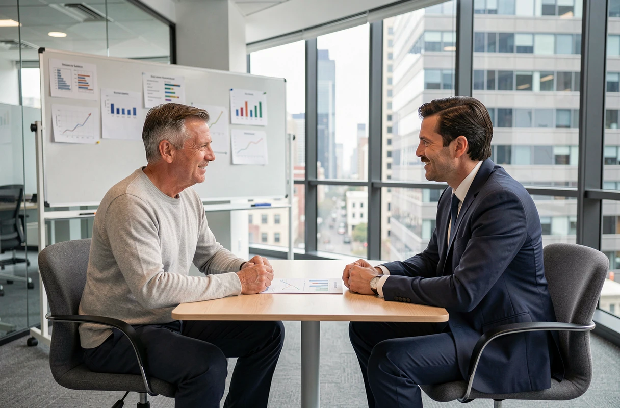 Homme en entretien avec un conseiller mutuelle dans un bureau professionnel moderne