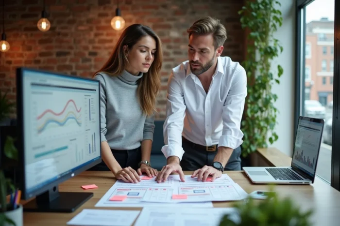 Deux professionnels du marketing discutant d'une stratégie d'analyse de backlinks autour de rapports SEO imprimés dans un espace coworking