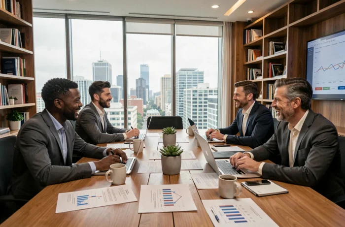 Équipe de professionnels réunis autour d'une table de réunion pour planifier une stratégie marketing avec des rapports et des ordinateurs portables