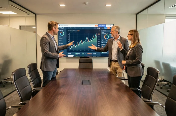 Équipe de professionnels en réunion stratégique autour d'un tableau de bord d'analyse de marché