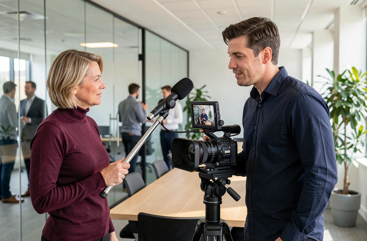 Équipe de tournage vidéo en entreprise collaborant avec caméra et microphone dans une salle de réunion