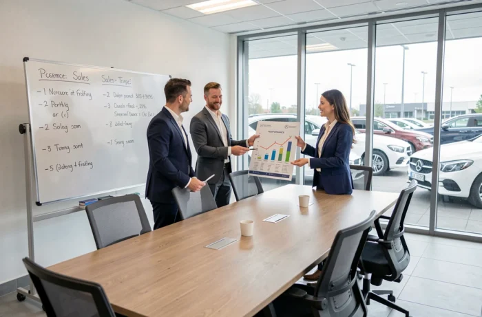 Équipe de vendeurs Mercedes en réunion de performance commerciale dans une salle de conférence de concession