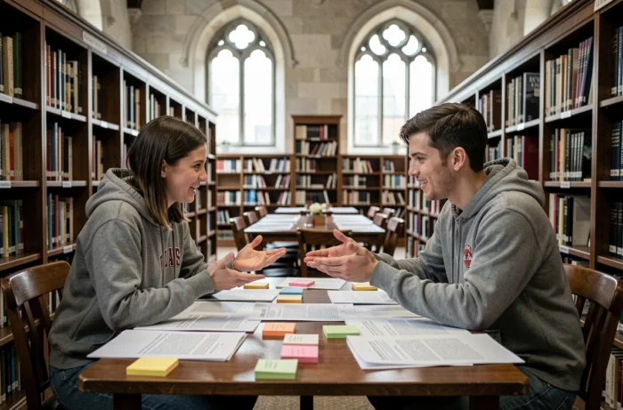 Deux étudiants universitaires collaborant sur un texte structuré avec des connecteurs logiques dans une bibliothèque, entourés de notes et d'essais annotés