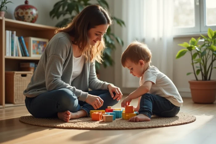 Une jeune femme assise sur un parquet en bois joue avec des blocs colorés aux côtés d'un tout-petit, favorisant l'éveil et la motricité de l'enfant dans un salon chaleureux