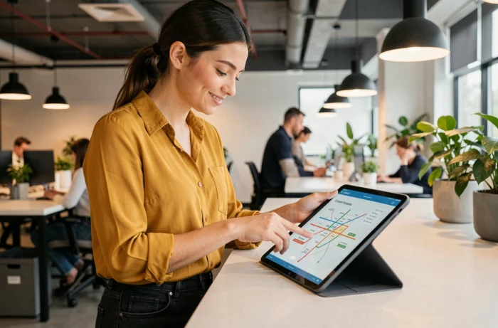 Jeune femme explorant un plan de site interactif sur une tablette dans un espace de coworking