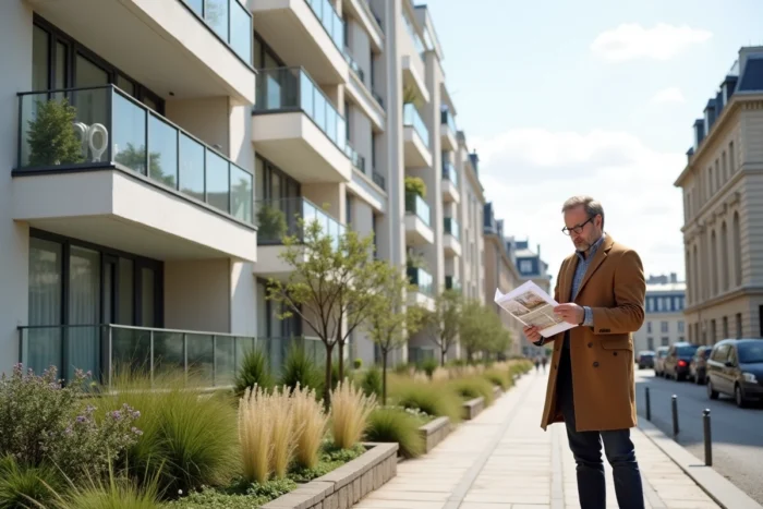 Façade d'un immeuble résidentiel neuf à Boulogne-Billancourt avec un homme consultant une brochure immobilière sur le trottoir