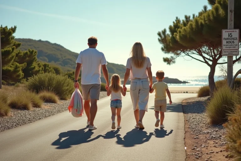 Famille arrivant au parking gratuit près de la plage de Conleau à Vannes en été