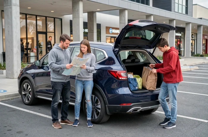 Une famille charge le coffre d'un SUV hybride dans un parking urbain, illustrant le confort et l'espace intérieur du véhicule