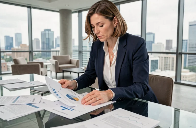 Femme d'affaires analysant des rapports et tendances économiques dans un bureau moderne avec vue sur la ville