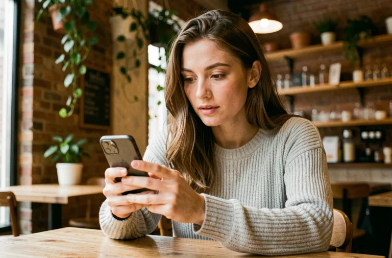 Jeune femme utilisant l'application Faljam sur son smartphone dans un café urbain
