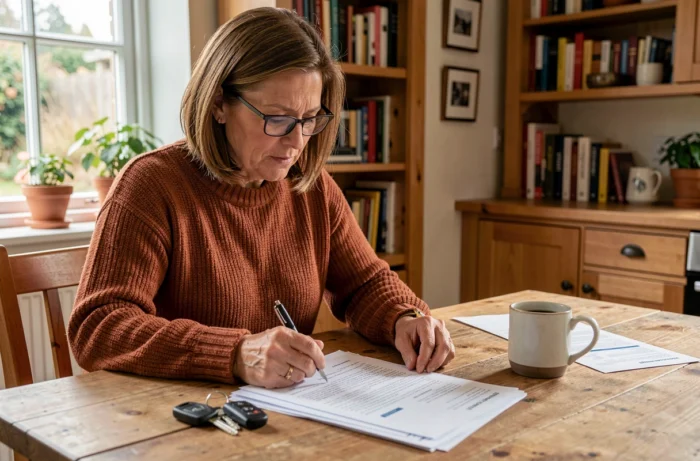 Femme consultant des documents d'assurance auto à la maison, choisir son assurance voiture