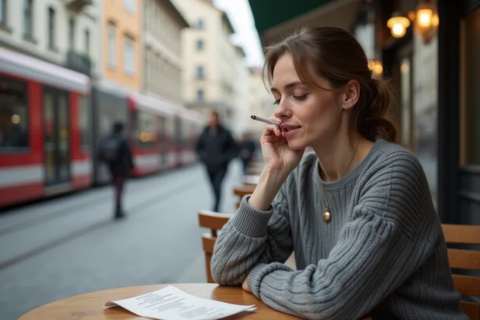 Femme en terrasse de café suisse réfléchissant au prix du tabac avec ticket de caisse sur la table