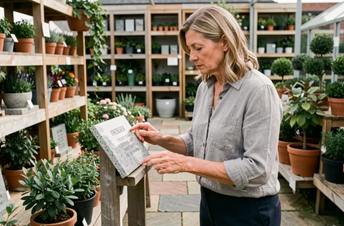 Femme choisissant une plaque funéraire en granit dans un jardinerie, examinant les inscriptions gravées