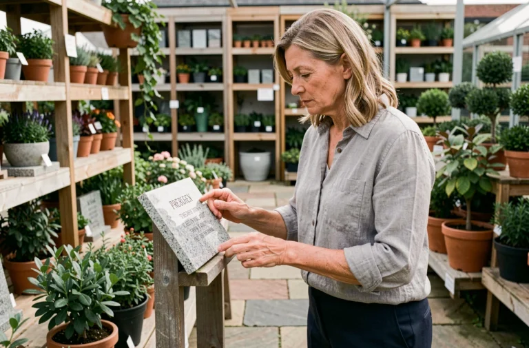 Femme choisissant une plaque funéraire en granit dans un jardinerie, examinant les inscriptions gravées