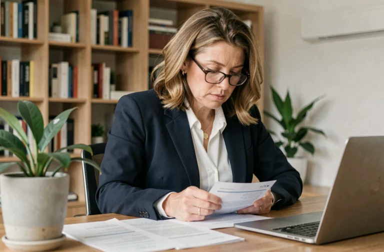 Femme consultant des documents de mutuelle Mercer à son bureau à domicile