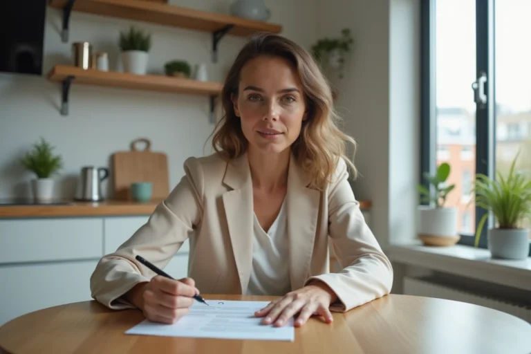 Femme examinant un contrat de location immobilière à une table en bois dans un appartement moderne
