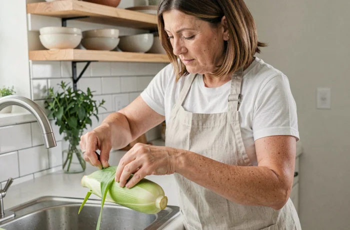 Femme en tablier de lin épluchant une cobette fraîche au-dessus d'un évier dans une cuisine moderne