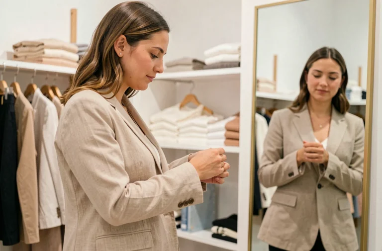 Jeune femme essayant une veste taille S dans une boutique de vêtements moderne, examinant l'ajustement devant un miroir