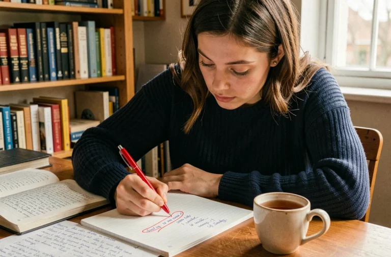 Jeune femme étudiant les connecteurs logiques dans un cahier annoté avec un stylo rouge, entourée de livres de grammaire française