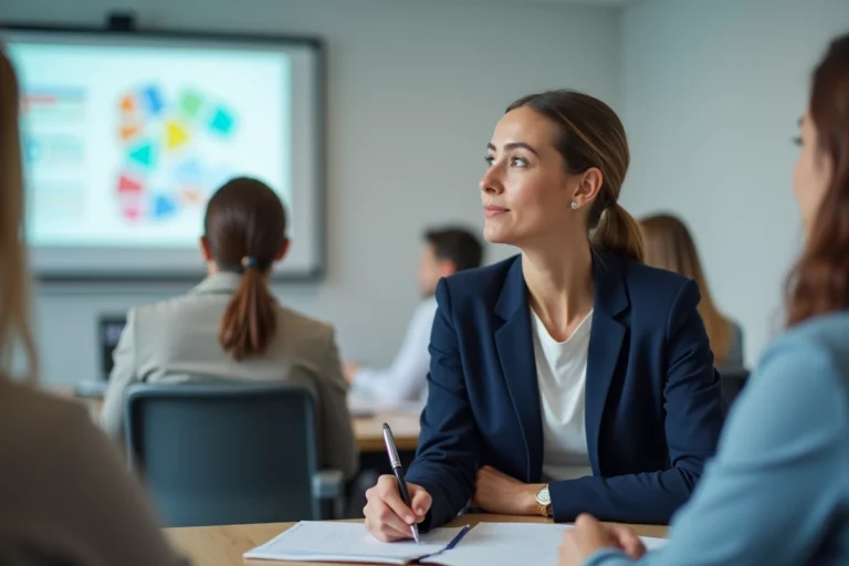 Femme professionnelle prenant des notes lors d'une formation en entreprise en 2024