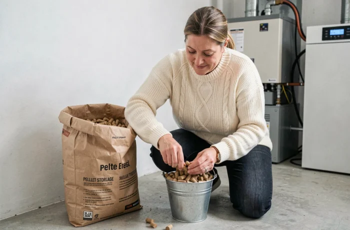 Femme remplissant un seau de granulés de bois dans une chaufferie domestique équipée d'une chaudière à pellets moderne